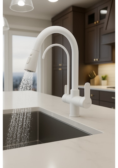 0650 Arıtmalı Spiralli Mutfak Bataryası Siyah Beyaz Krom Gold Renk Beyaz