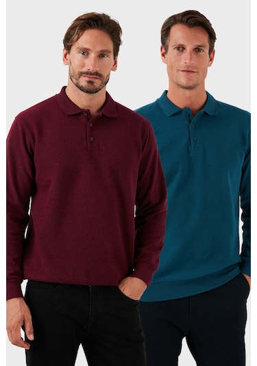 Buratti Pamuk Karışımlı Regular Fit 2'Li Paket Erkek Polo Yaka Kazak 456223S2 Mürdüm-Petrol