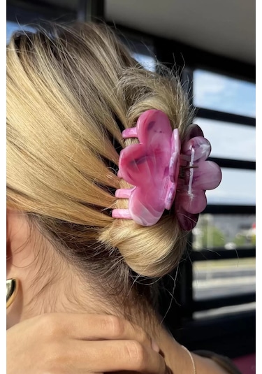 Caş Dekorasyon Pembe Renk Çiçek Figürlü Kemik Mandal Toka Pembe