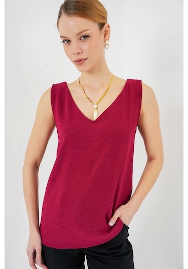 Defymoda V Yaka Sıfır Kol Bluz 950 - Bordo Bordo