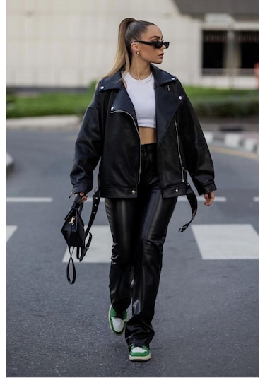 Prifaldi Yeni Sezon Oversize Uzun Kadın Siyah Deri Ceket Siyah