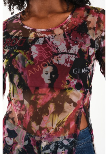 Yırtmaç Detaylı Tül Bluz Pembe