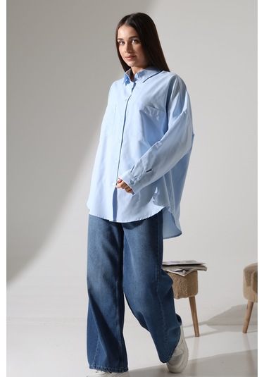 Yeni Sezon Poplin Kumaş Çift Cepli Oversize Pamuklu Kadın Tunik Gömlek Mavi