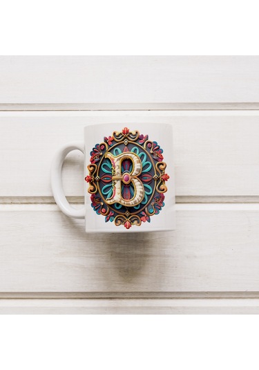 B Harfi Boho Bardak, Renkli Özel Tasarım Hediyelik Harfli Kupa, 330ml Porselen Beyaz