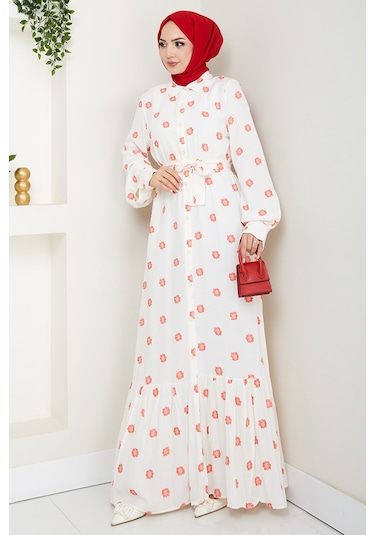 Anif Çiçek Desen Kemerli Elbise 1554 - Kırmızı Kırmızı