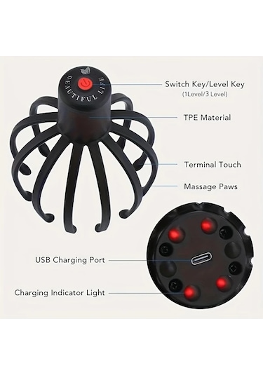 Elmpaly Siyah 3 Seviye Titreşimli Elektrikli Ahtapot Kafa Masajı Cihazı Led Kırmızı Işık Usb Şarj siyah