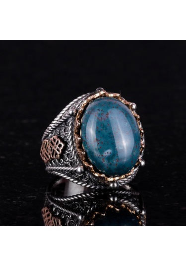 925 Ayar Saf Gümüş Yüzük, Erkekler İçin Gerçek Doğal Taş Yüzük Yeşil Kan Taşı Gümüş