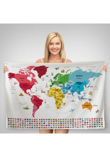 Türkçe Ülke Bayrak Lı Eğitici Başkent Detaylı Atlası Dünya Haritası Duvar Örtüsü-halısı 3861