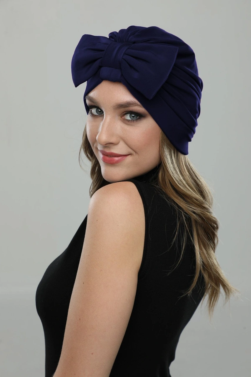Fiyonklu Lacivert Hazır Türban Tesettür Havuz Bonesi Lacivert