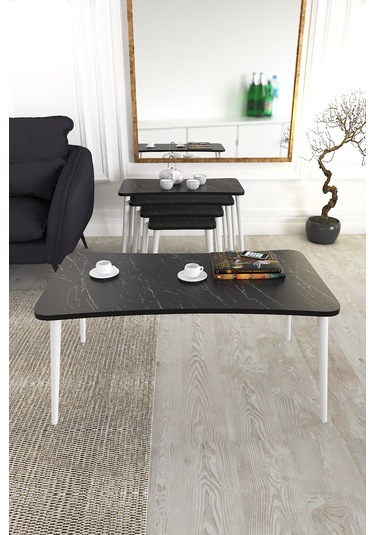 Milas 5li Orta Sehpa Ve Zigon Sehpa Siyah Mermer Ahşap Ayaklı