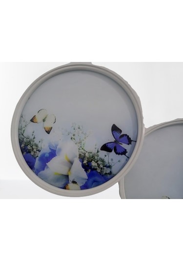 Zigon Sehpa Çember Mavi Kelebek Model Kayın Retro Parlak Ceviz 3