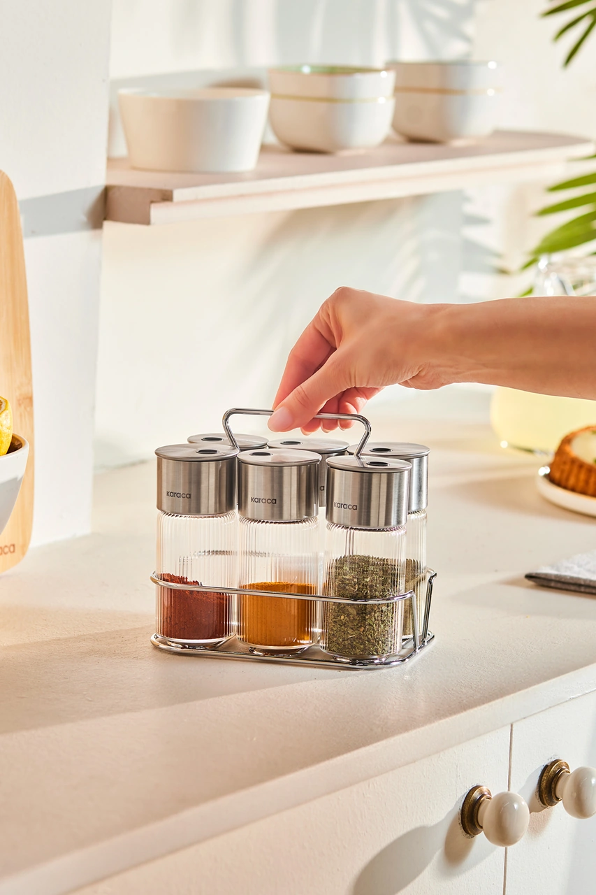 Karaca Ripple 7 Parça Standlı Baharat Seti Inox Gümüş
