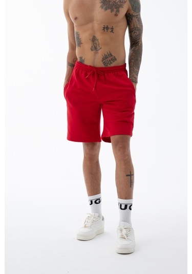 Erkek Kırmızı Yüksek Kalite Relax-fit Rahat Kesim %100 Pamuk Bağcıklı Siyah Düz Basic Şort Kırmızı