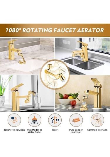 Agoodshop 1080 Evrensel Döndürme Musluk Püskürtücüsü Çift Atık Su Lavabo Mutfak Robot Kolu Uzatma Mus Altın