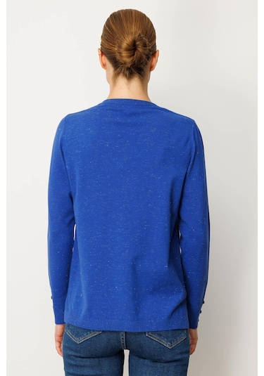 Desen Triko Kadın V Yaka Kolları Düğmeli Simli Bluz 23393 Saks Saks