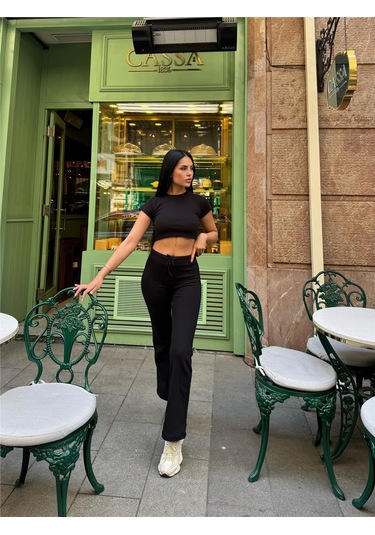 Siyah Polyamid Elastan Crop İki İplik Takım Siyah