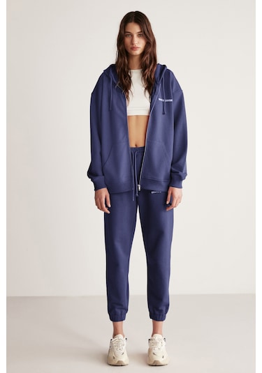 Ametıs Kadın Oversize Organik Pamuklu Metal Fermuarlı Kapüşonlu Lacivert Sweatshirt