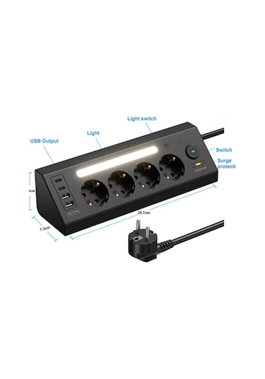 Lp764 Çoklu Gece Lambalı Priz Yüksek Gerilim Korumalı 4 Lü Priz 2xusb 2xtype-c Çıkışlı Grup Priz Çoğ 1