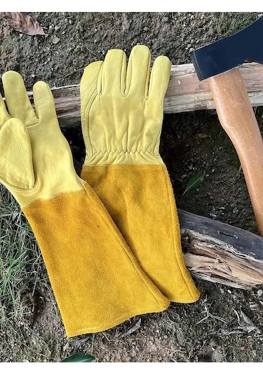 Teltree Uzun Kollu Deri Bahçe Eldiveni, Dikenli Bitkiler İçin Kesme Ve Çizik Korumalı, M Bedeni, Kahverengi-sarı