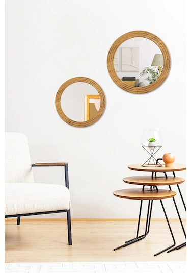 Antik 2 Li Dekoratif Ayna Seti Yuvarlak Banyo Duvar Aynası 56-43 Açık Kahverengi