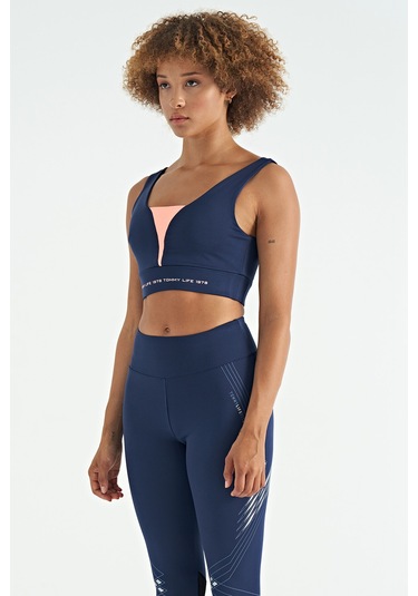 Tommy Life İndigo Yazı Baskılı Renk Bloklu Dar Kalıp Dalgıç Kumaş Kadın Büstiyer - 97271 İndigo