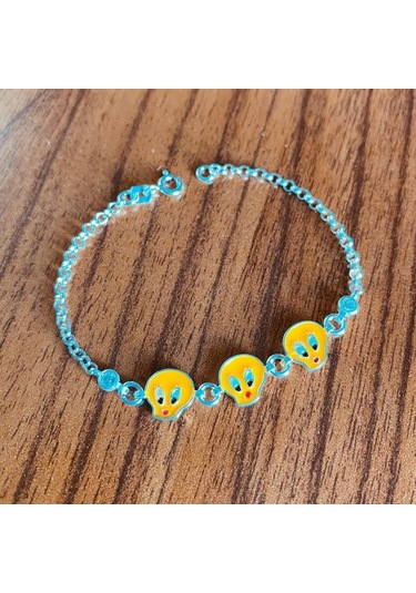 Sarı Kuş Taşlı Çocuk Gümüş Bileklik Bebek Künyesi Csb14