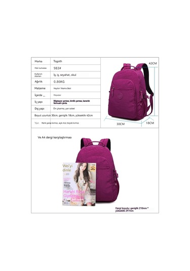 Lyon Sırt Çantası Seyahat Yıkanmış Naylon Sırt Çantası Pembe Pembe