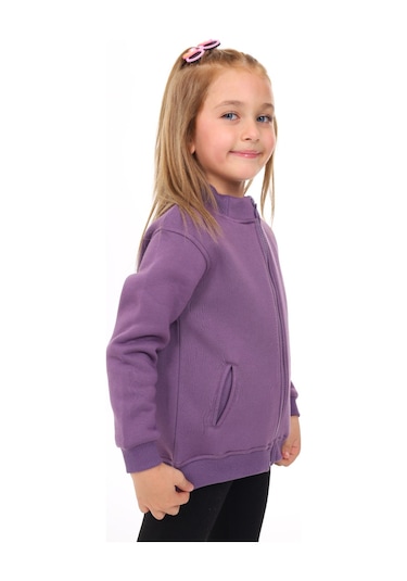 Toontoy Kız Çocuk Dik Yaka Fermuarlı Yarım Düşük Omuz Örme Hırka - 2 İplik Şardonlu Mor