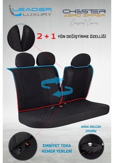 Fiat Egea Sedan Lüx Yarı Deri Oto Koltuk Kılıfı Ön Arka Takım Chester Siyah Mavi