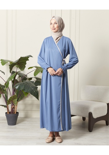 Kol Detaylı Kruvaze Yaka Biyeli Yandan Bağlamalı Namaz Elbisesi İndigo