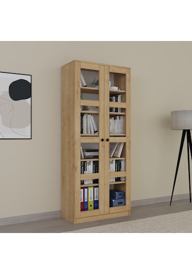 Lucas Cam Kapaklı Vitrin - Büfe - Kitaplık Ve Çok Amaçlı Dolap Ayarlanabilir Raf Ceviz - Meşe Safir Meşe