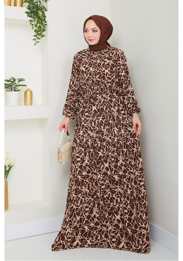 Sevil Yarım Düğmeli Dokuma Viskon Elbise 1504 - Acı Kahve Acı Kahverengi