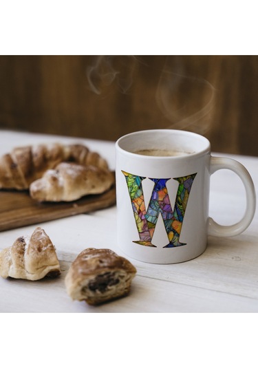 W Harfi Bardak 330 Ml İsme/harfe Özel Hediye, Renkli Harf Tasarım Beyaz