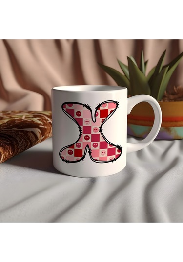 X Harfi Pembe Kareli Kalpli Göz Emojili Kupa Bardak Eğlenceli Kareli Tasarım Kahve Çay Kupası 07 Beyaz