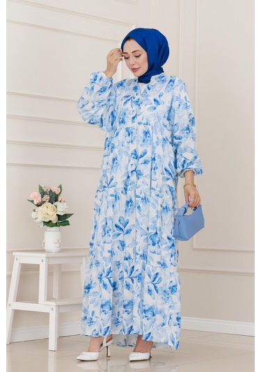 Kuşaklı Çiçekli Lina Elbise-mavi-5260 Mavi