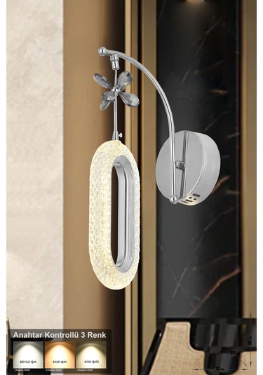 Sessi Power Ledli Modern Lüks Duvar Aplik, 3 Renk: Sarı-beyaz-gün Işığı - Krom Krom