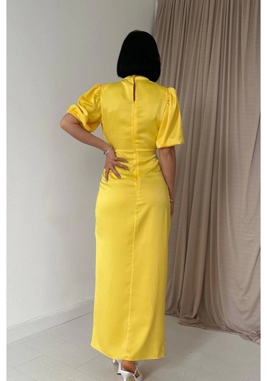 Sarı Büzgülü Saten Elbise Sarı