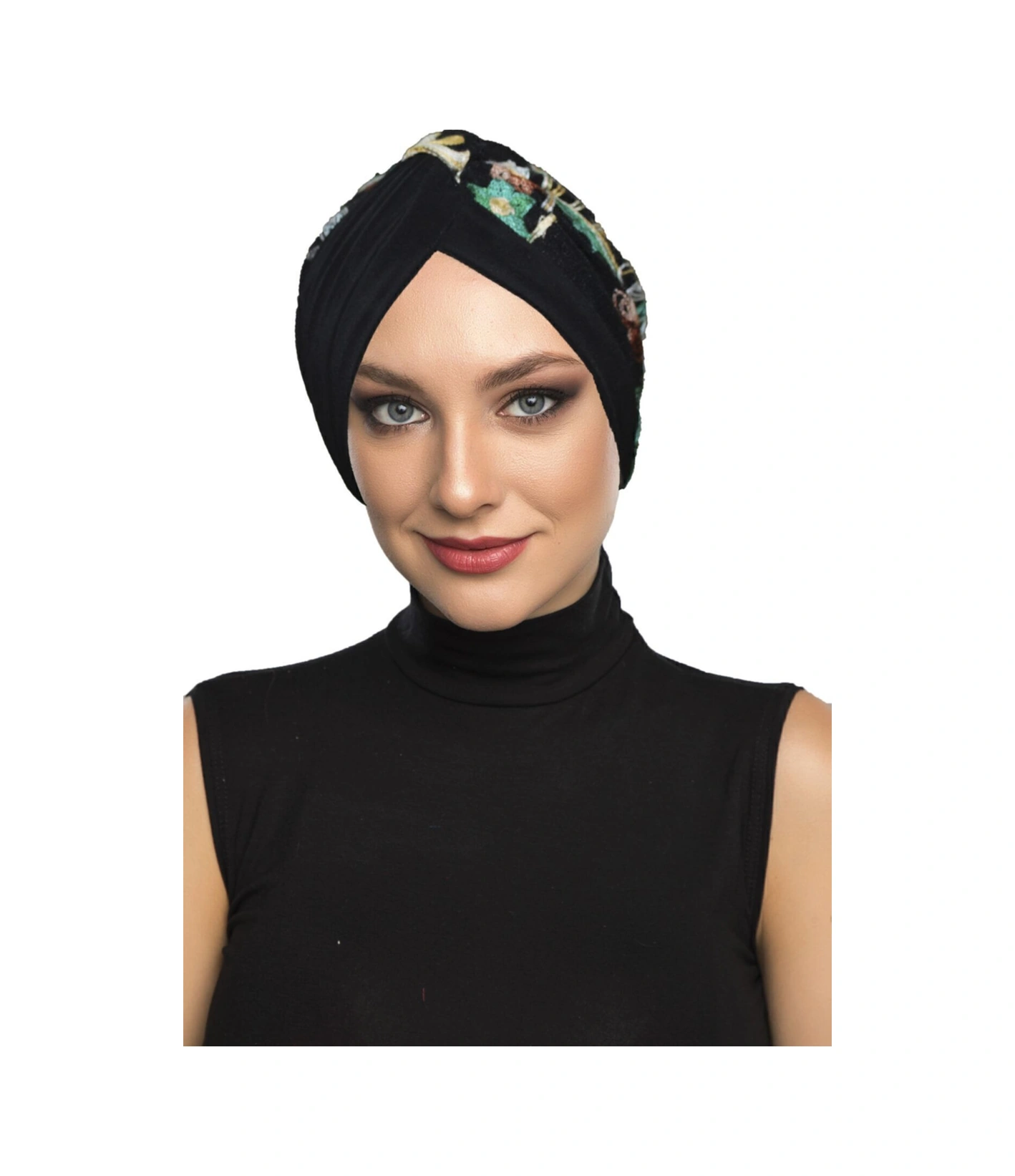 Otantik Nakış Motifli Astarlı Hazır Türban Tesettür Bone Siyah Motif 5