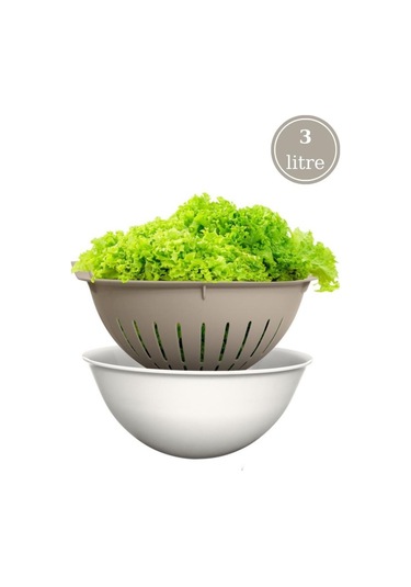 Flosoft Hazneli Makarna Süzgeci 25 Cm, Badyalı Kulplu Sebze Meyve Yıkama Süzgeci 3 Litre Bej