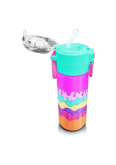 Coral High Kids Pembe Rengarenk Dondurma Desenli Pipetli Ve Direkt İçim Çelik Termos 500 Ml 31938 Pembe