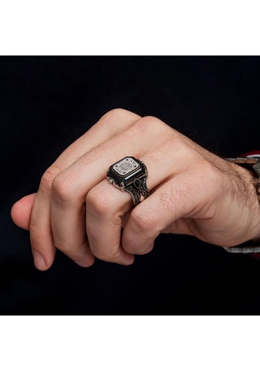 Süleyman Mührü Kare Desenli 925 Gümüş Erkek Yüzük