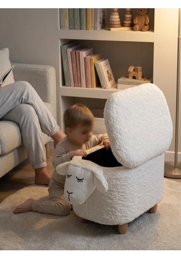 Kuzu Figürlü Sandıklı Puf Modelleri Teddy Puf Krem