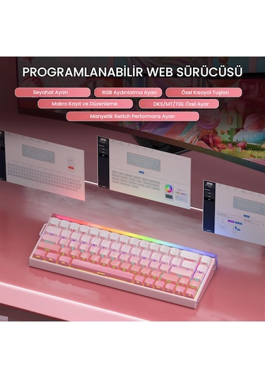 Aula Hero 68 He Manyetik Klavye Rapid Trigger Black King Switch 8000hz Rgb Neon Tkl Hot Swap Oyuncu Klavyesi Pembe