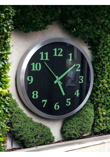 Fosforlu Gece Karanlıkta Parlayan Metal Duvar Saati Çap 30 Cm Siyah