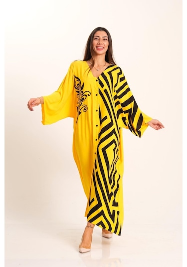 Kadın Sarı Desenli Garnili V Yaka Yarasa Kol Cepli Oversize Uzun Gömlek Elbise - Sarı