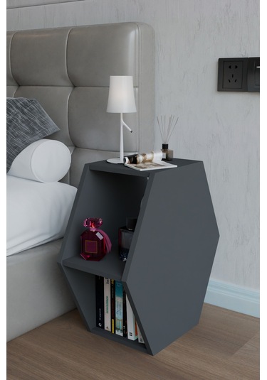 Alpa Ev Mobilya Altıgen Komodin, Modern Başucu Sehpası, Dekoratif Raflı Komodin Kitaplık Antrasit