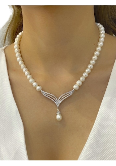 Trend Altın Modeli Inci Anturaj Gerdanlık 925 Gümüş Inci Kolye (489259356)