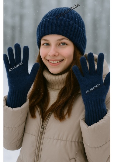 Peluş Uzun Eldiven Lacivert