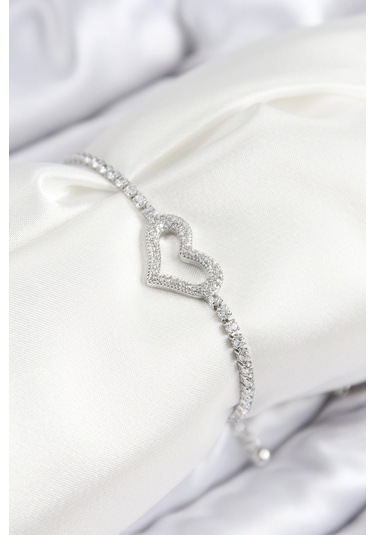 Pirinç Zirkon Taşlı Kalp Model Gümüş Renk Asansörlü Kadın Bileklik Çok Renkli