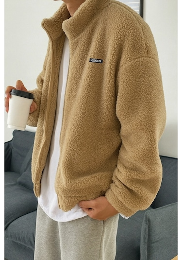Oversize Peluş Tam Fermuarlı Sweatshirt Peluş İçi Polarlı Sherpa Kumaş Sweatshirt Bej